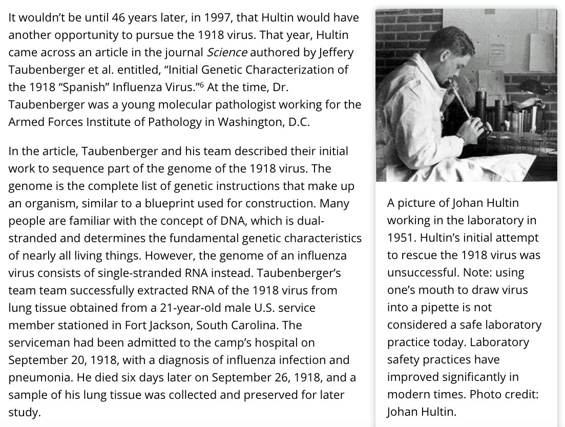 50) 46 years later, in 1997, Hultin came across the work of Jeffery Taubenberger, a young molecular pathologist employed by the Armed Services Institute of Pathology in Washington, D.C.