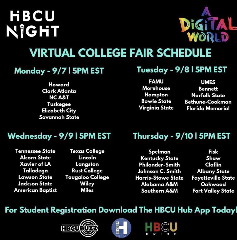 L__Kneeland's tweet photo. This is a great opportunity for you or a student you know to visit a #HBCU from your home! Download the HBCU Hub App to register! #CollegeReadiness @KCKDiplomaPlus https://t.co/qVOMydkqUL