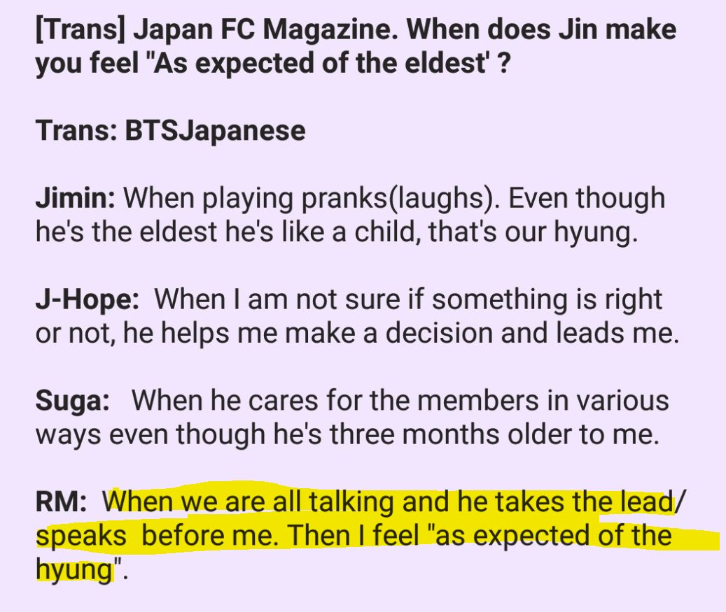 While Jin may have felt the need to take a step back on the authority front to avoid imposing and to allow Joon& #39;s leadership to blossom, Namjoon for his part has always, always cherished Jin& #39;s mathyung role, his thoughts and actions.