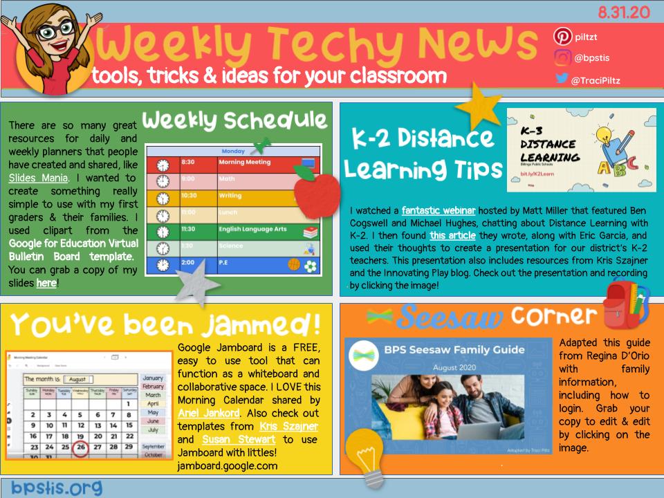 This week's tech-y news 📰 features some things I've found helpful as I plan for 1st grade🌟 #remotelearning. Enjoy some K-2 distance learning tips from me, plus #Jamboard ideas💡 &amp; a <a href="/Seesaw/">Seesaw</a> Family Guide to help Ps &amp; Ss get started. bit.ly/3bbGsD4 #BPSLearns #MTEdchat