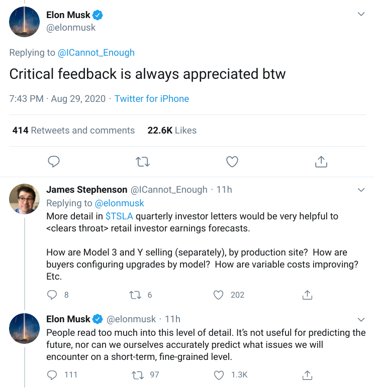 "Critical feedback is always appreciated"

"Well, as an investor it would be nice to have more detailed data on Tesla's core business"

"lol no"