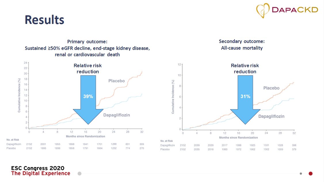 escardio's tweet photo. #DAPA-CKD trial: in patients with #CKD dapagliflozin reduced the risk of #kidney failure, reduced the risk of #cardiovascular death or #heartfailure hospitalisation, and prolonged survival https://t.co/06PiaEudZM

#ESCCongress https://t.co/xh97oW2YZZ