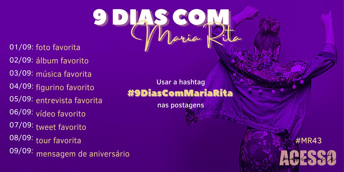 acessomariarita's tweet photo. Para iniciar a contagem regressiva para o #MR43, nós preparamos um pequeno desafio para a Nação Bacanuda.
Serão 9 dias, iniciando dia 01/09, recheados das suas coisas favoritas em relação à cantora. Quem vem com a gente? #9DiasComMariaRita https://t.co/d9SUPoYcSu