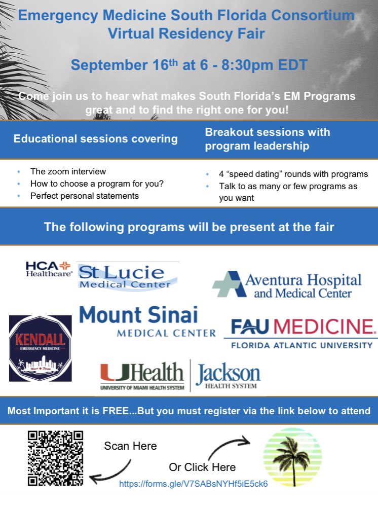 jacksonmiamiEM's tweet image. Applying to EM this year? Interested in residency in South Florida?

Make sure to attend the South Florida Consortium Virtual Residency Fair on Sept 16th!

Sign up at forms.gle/V7SABsNYHf5iE5… to meet 6 SoFL programs 

#EmergencyMedicine #EMresident