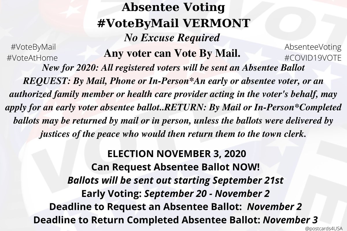 postcards4USA's tweet photo. VERMONT #VT #VoteByMail
Application https://t.co/m4cpVuhFO6
Info https://t.co/3WPUUCGj6Z
Town Clerks https://t.co/tl23QGgMzE
#AbsenteeVoting #DemCastVT THREAD #PostcardsforAmerica
All 50 States here https://t.co/NP8xhypYNj https://t.co/LYnx31XeWd