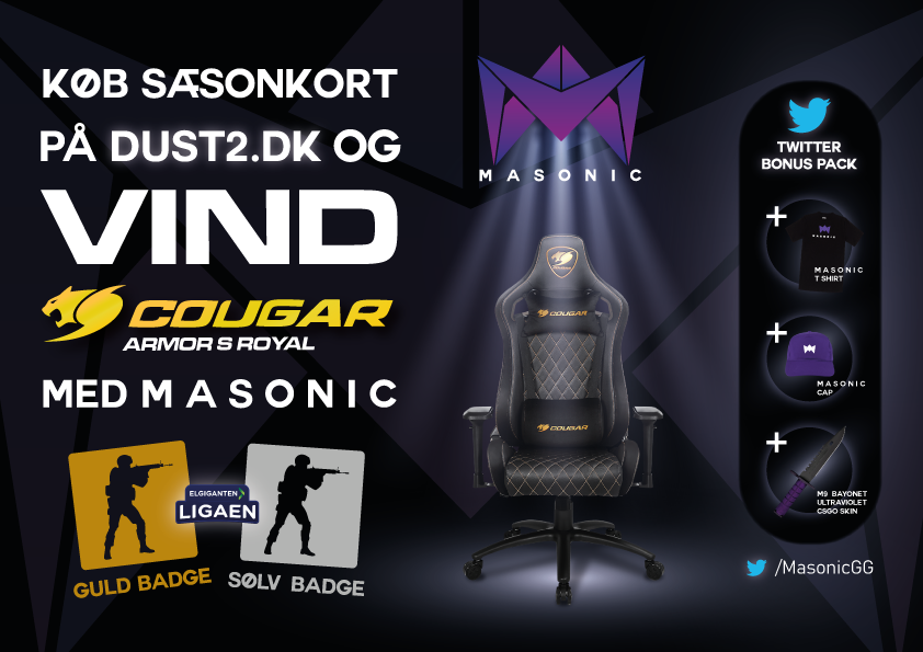 MasonicGG's tweet image. Støt MASONIC ved at være sæsonkortholder inde på @Dust2dk til næste sæson af @ELGIGGAMING Ligaen

Deltag i en konkurrence om at vinde en @CougarNordics stol som sæsonkortholder 🔥

Vi trækker vinderen d. 12 Oktober.

Tjek linket og billedet herunder 👇 

liga.dust2.dk/saesonkort/
