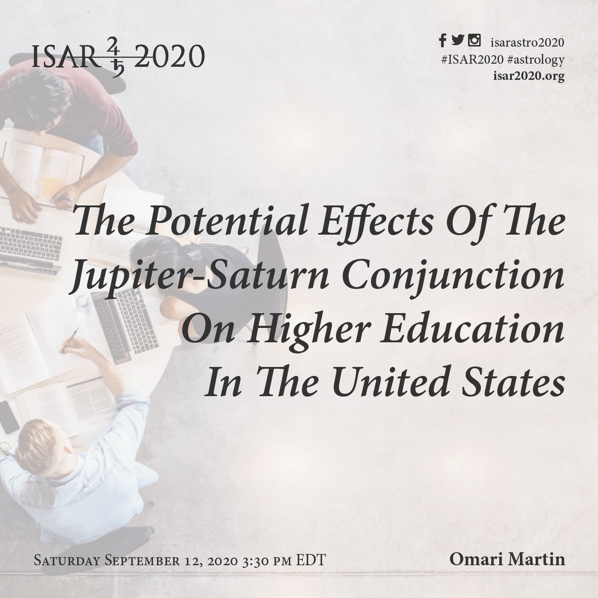 isarAstro2020's tweet photo. The Jupiter-Saturn conjunction will affect many things, including higher education in the United States. Listen to Omari Martin talk more on this subject at https://t.co/5zI6FKbCSB! #ISAR2020 #astrology https://t.co/jBGzf5TcFJ