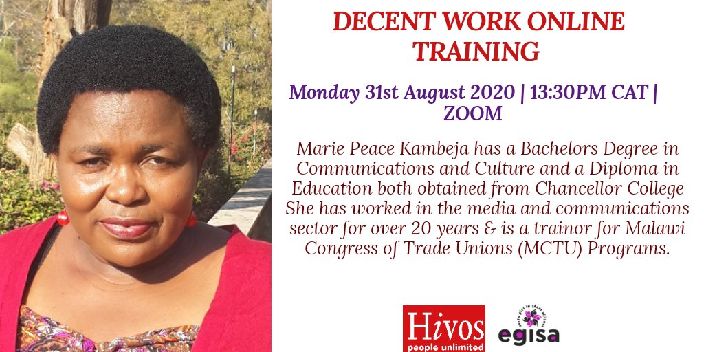Attend our Online Decent Work Training tomorrow. 

Send an email to angellah@egisa.org to get the login details.

#DecentWork #WomenatWork <a href="/hivosrosa/">Hivos Southern Africa</a> <a href="/jessiechingoma/">jessie chingoma</a>