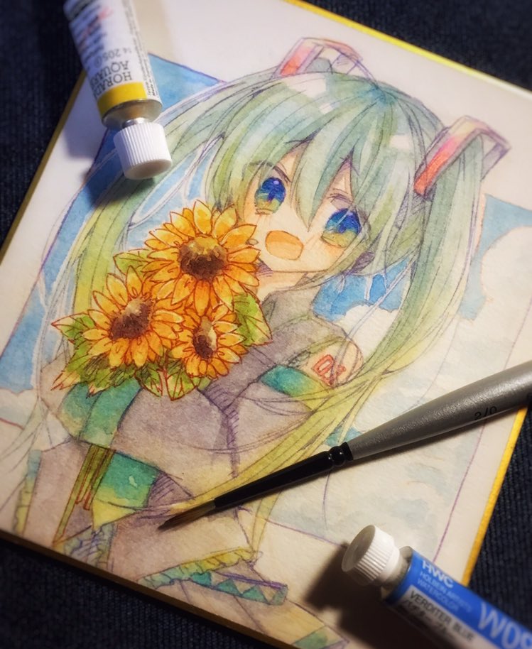 hatsune miku 1girl flower solo traditional media long hair twintails sunflower  illustration images