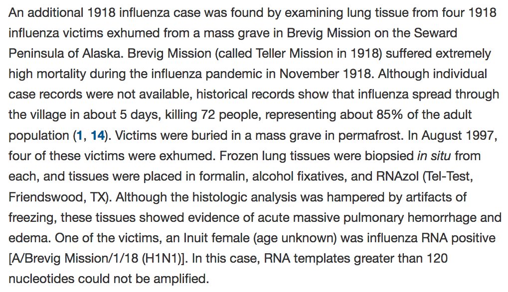 72) Third patient: “One of the victims, an Inuit female (age unknown) was influenza RNA positive [A/Brevig Mission/1/18 (H1N1)]. In this case, RNA templates greater than 120 nucleotides could not be amplified.”