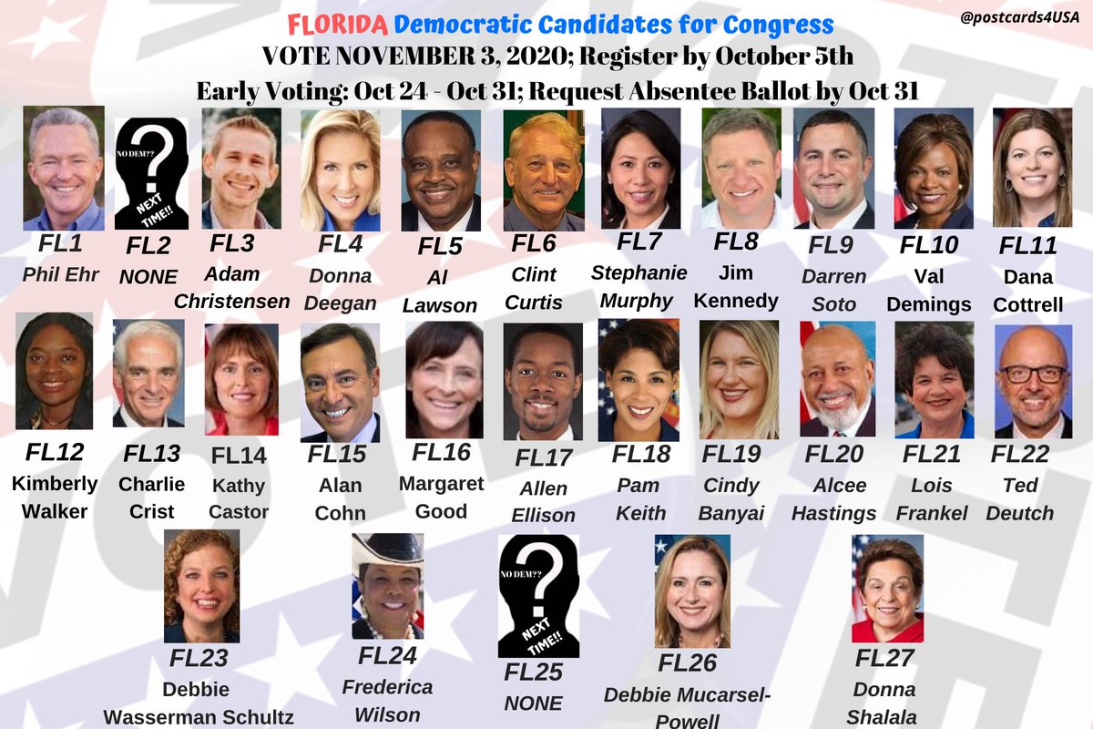 FLORIDA Democratic Candidates Postcard & Links #Congress2020  #FL1  #FL2  #FL3  #FL4  #FL5  #FL6  #FL7  #FL8  #FL9  #FL10  #FL11  #FL12  #FL13  #FL14  #FL15  #FL16  #FL17  #FL18  #FL19  #FL20  #FL21  #FL22  #FL23  #FL24  #FL25  #FL26  #FL27THREAD  https://twitter.com/postcards4USA/status/1298375717718069248FB  https://www.facebook.com/groups/325055434529761