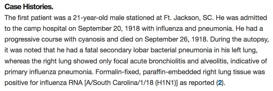 68) First patient: “During the autopsy, it was noted that he had a fatal secondary lobar bacterial pneumonia in his left lung, whereas the right lung showed only focal acute bronchiolitis and alveolitis, indicative of primary influenza pneumonia.”