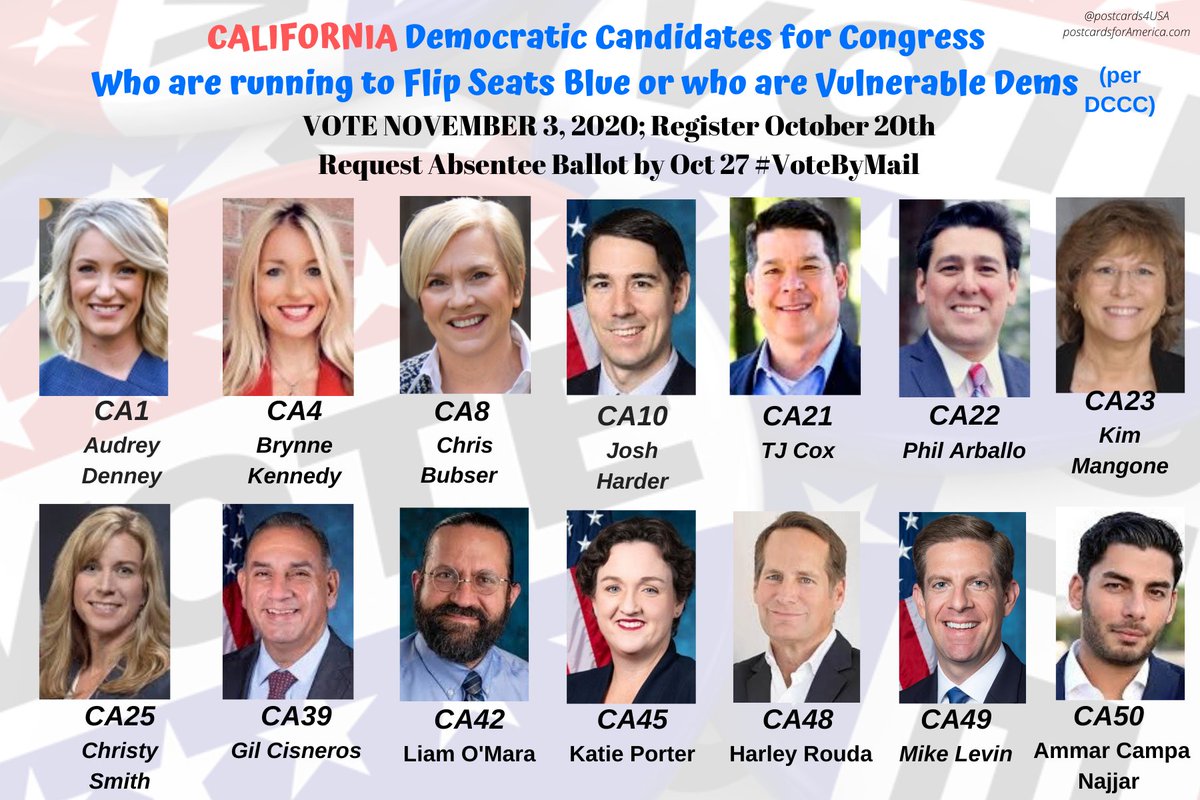 CALIFORNIA Democratic Candidates - Vulnerable #CA1  #CA4  #CA8  #CA10  #CA21  #CA22  #CA23  #CA25  #CA39  #CA42  #CA45  #CA48  #CA49  #CA50 #Congress2020  #NoSafeSeatsShareable FB Post:  https://www.facebook.com/postcards4USA/posts/3110033802444144Twitter THREAD:  https://twitter.com/postcards4USA/status/1285710242282721280GoogleDoc:  https://pc2a.info/DemCandidatesCA 