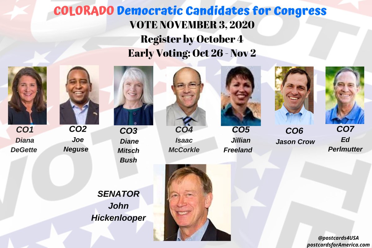 COLORADO Democratic Congressional Candidates #CO1  #CO2  #CO3  #CO4  #CO5  #CO6  #CO7 & SENATE #Congress2020  #Senate2020Postcards & Websites Links for each candidate. https://twitter.com/postcards4USA/status/1278799739098673154FB Post  https://www.facebook.com/postcards4USA/posts/3057484297699095 GoogleDoc  https://pc2a.info/DemCandidatesCO  http://www.postcardsforAmerica.com 