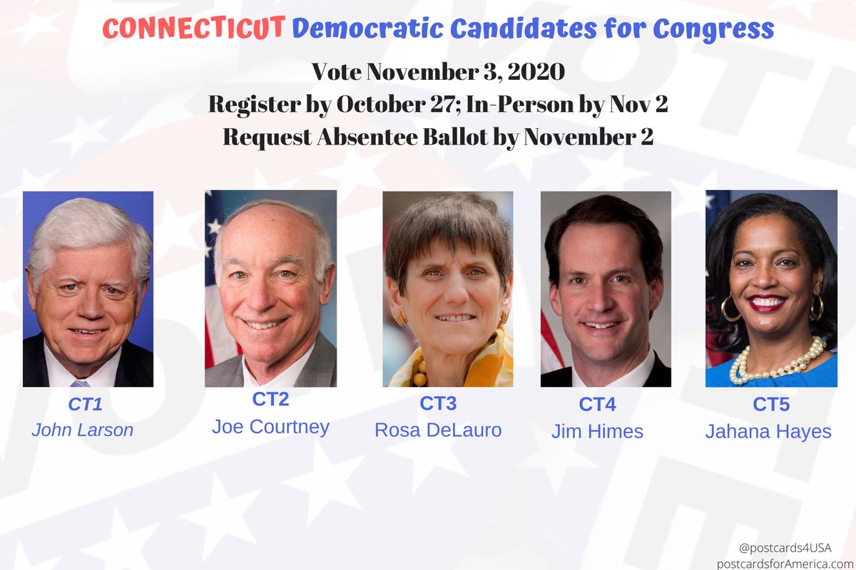 CONNECTICUT Democratic Candidates  #CT1  #CT2  #CT3  #CT4  #CT5Postcards, Info & Linksto Follow & Support&  #VoteByMail & Poll Worker info & linksTwitter THREAD with Individual tweets for EACH Candidate HERE:  https://twitter.com/postcards4USA/status/1298045153651896320Shareable FB Post:  https://www.facebook.com/postcards4USA/posts/3212672608846929