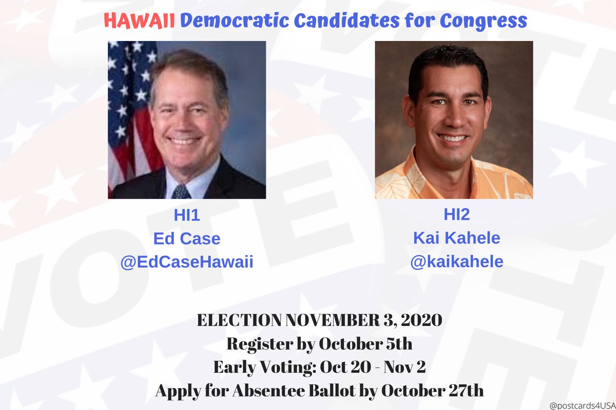 HAWAII DEMOCRATIC CANDIDATES #HI1  #HI2 Postcards & Links for each candidateto Follow & SupportRetweetable Tweet here:  https://twitter.com/postcards4USA/status/1293684753762320387Shareable FB Post link here:  https://www.facebook.com/postcards4USA/posts/3174909625956561