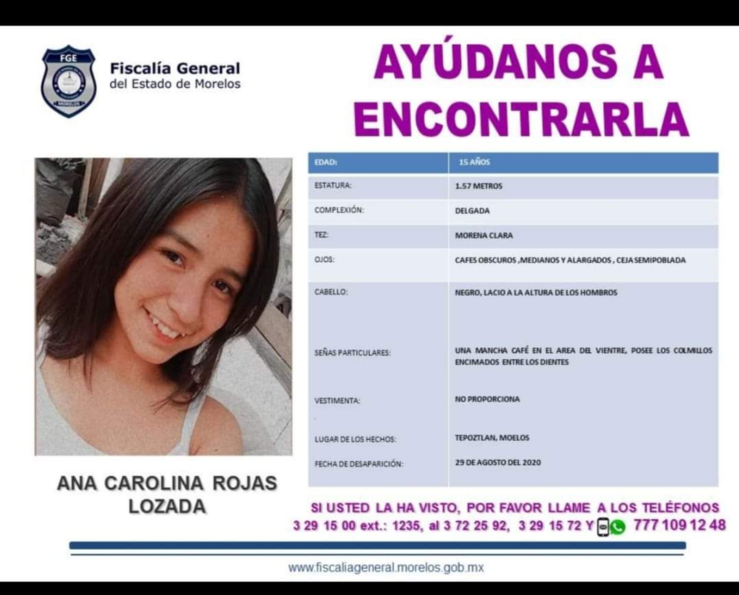 Ayúdale a volver a casa, difunde, comparte, exigimos a las autoridades <a href="/Fiscalia_Mor/">FISCALIA MORELOS</a> <a href="/kiquinta/">Karla Quintana O.</a> la búsqueda inmediata y eficaz de #AnaCarolinaRojasLozada desaparecida el #29agosto en San Juan Tepoztlán Morelos  <a href="/mujerestw/">MujeresTW</a> <a href="/AngieSanchezSgo/">Angie💜💜💜</a> <a href="/Modemmujer/">Modemmujer</a>