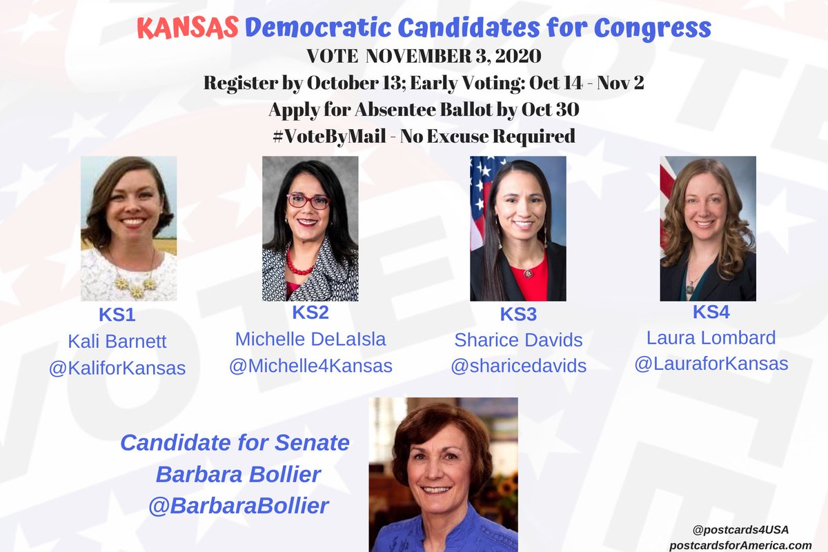 KANSAS Democratic Candidates #KS1  #KS2  #KS3  #KS4 & SENATORPostcards & Links for Each Candidate to Follow & Support #Congress2020Shareable FB Post Link:  https://www.facebook.com/postcards4USA/posts/3159926387454885 Twitter THREAD:  https://twitter.com/postcards4USA/status/1291870687326609409GoogleDoc:  https://pc2a.info/DemCandidatesKS  #PostcardsforAmerica