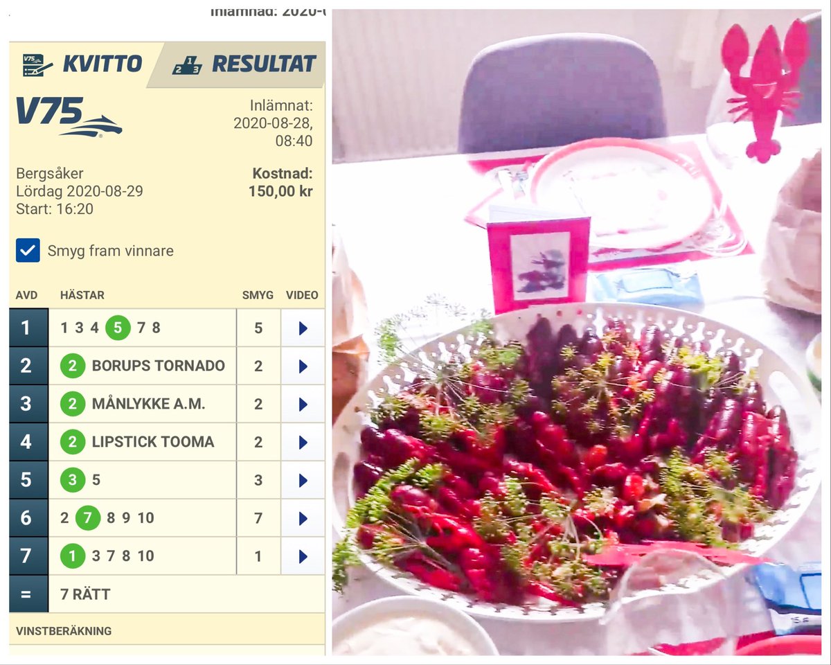 Fantastisk kväll igår med kräftskiva. Blev inte sämre med 7 rätt på V75 💪🏻🥳