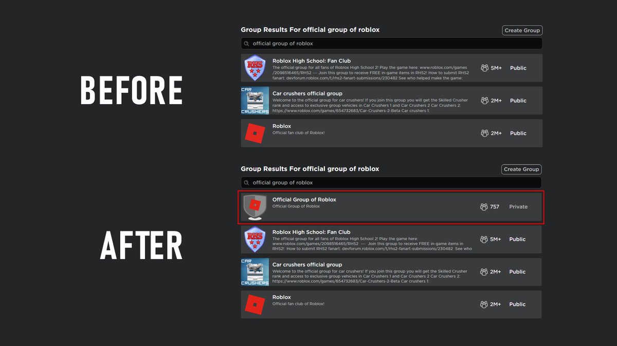 Bloxy News On Twitter Searching For A Group On Roblox Is Now More Reliable Now When Searching For A Term The Group With That Exact Name Will Appear At The Top - roblox group names