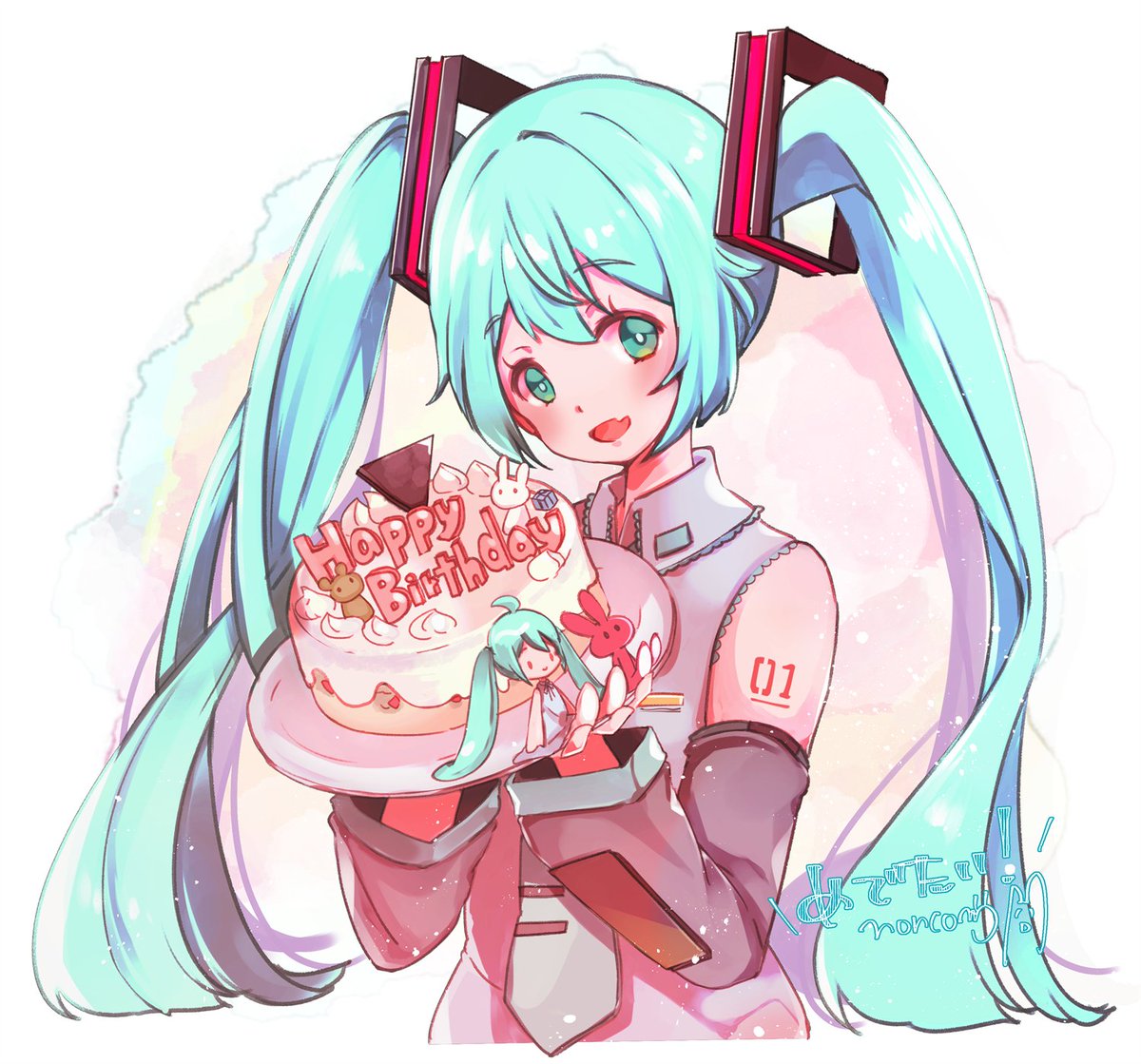 hatsune miku long hair twintails necktie detached sleeves food happy birthday shirt  illustration images