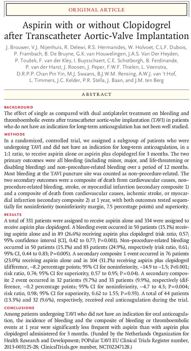 Ortega_Paz's tweet photo. Aspirin with or without Clopidogrel after Transcatheter Aortic-Valve Implantation #POPularTAVI #ESCCongress #EAPCI https://t.co/jWFIfVwnZa https://t.co/4wTzC13vkk