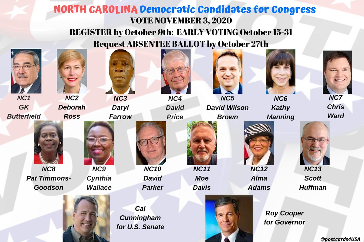 NORTH CAROLINA Democratic Congressional Candidates  #NC1  #NC2  #NC3  #NC4  #NC5  #NC6  #NC7  #NC8  #NC9  #NC10  #NC11  #NC12  #NC13Follow  @RedTRaccoon #DemCastNCTHREAD  https://twitter.com/postcards4USA/status/1285391085917941761FB Post:  https://www.facebook.com/postcards4USA/posts/3107542572693267GoogleDoc:  https://pc2a.info/DemCandidatesNC  #PostcardsforAmerica