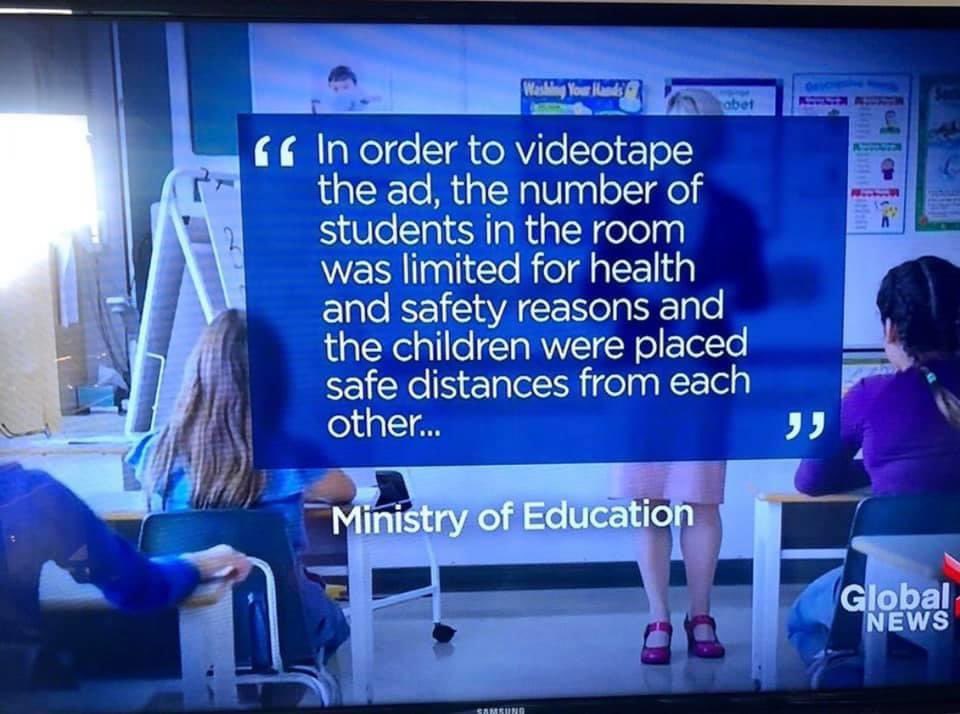 #BCed teachers and parents are asking for the same safety measures these actors and DBH were given to film that #bcpoli ad. It all starts with smaller classes and reduced school density to ensure distancing is actually possible. There is $242 million in federal funding to help.