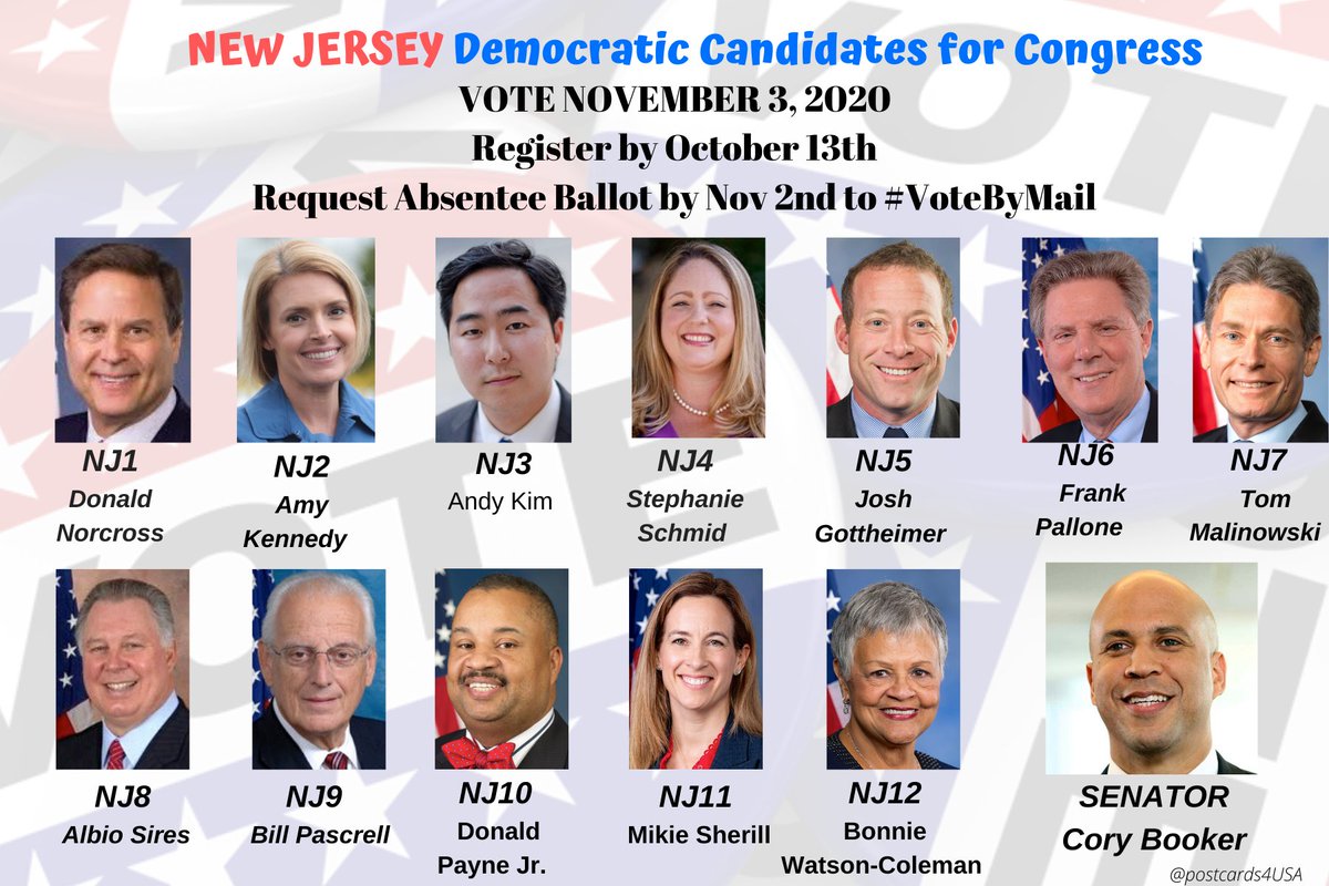 NEW JERSEY Democratic Candidates #NJ1  #NJ2  #NJ3  #NJ4  #NJ5  #NJ6  #NJ7  #NJ8  #NJ9  #NJ10  #NJ11  #NJ12 & SENATE #HoldTheHouse  #FlipTheSenateTHREAD  https://twitter.com/postcards4USA/status/1283418417647820800FB  http://www.facebook.com/postcards4USA/posts/3092267147554143GoogleDoc  https://pc2a.info/DemCandidatesNJ All Dem Candidates here  http://www.postcardsforamerica.com/all-democratic-candidates-by-state.html