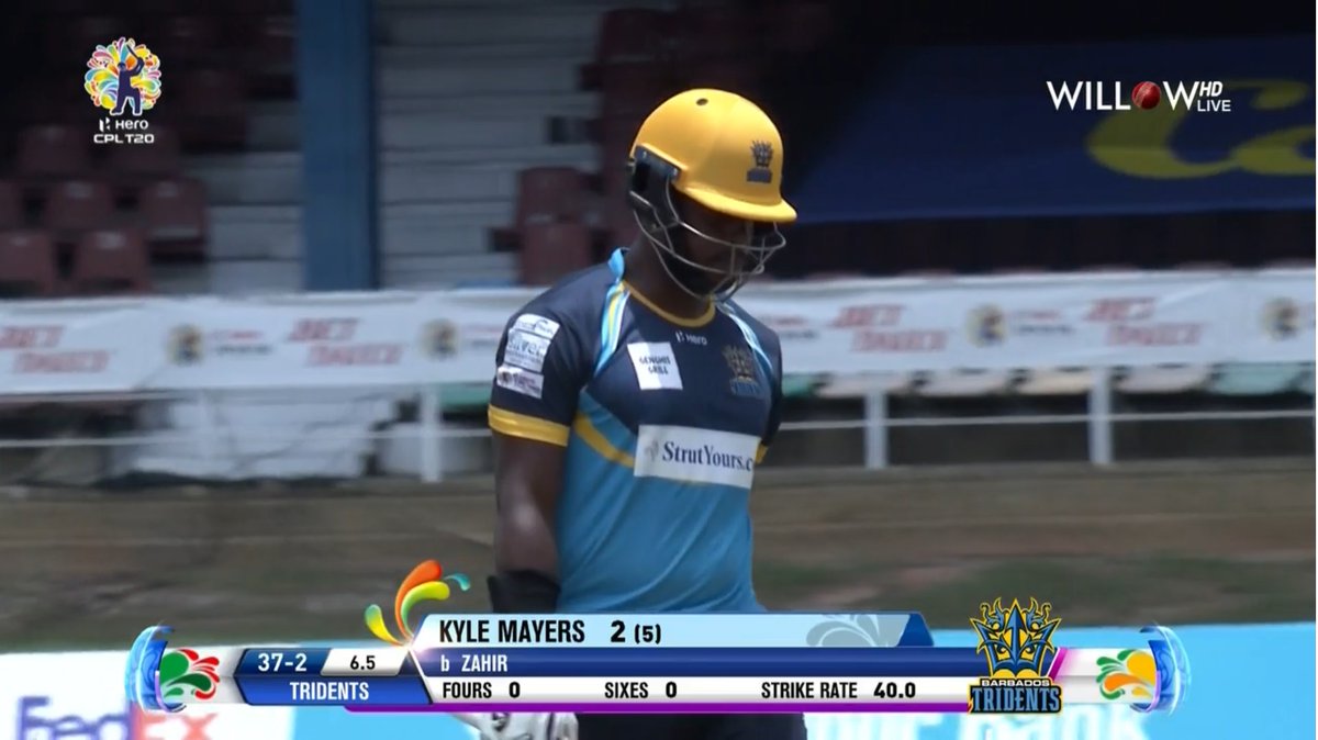 willowtv's tweet photo. Zahir Khan to Mayers, OUT!! Bowled for 2

#CPL20 @BIMTridents @Zouksonfire #SLZvBT #CricketPlayedLouder @CPL
https://t.co/t12Ka7ZSJy https://t.co/Q3jK6ywAxc