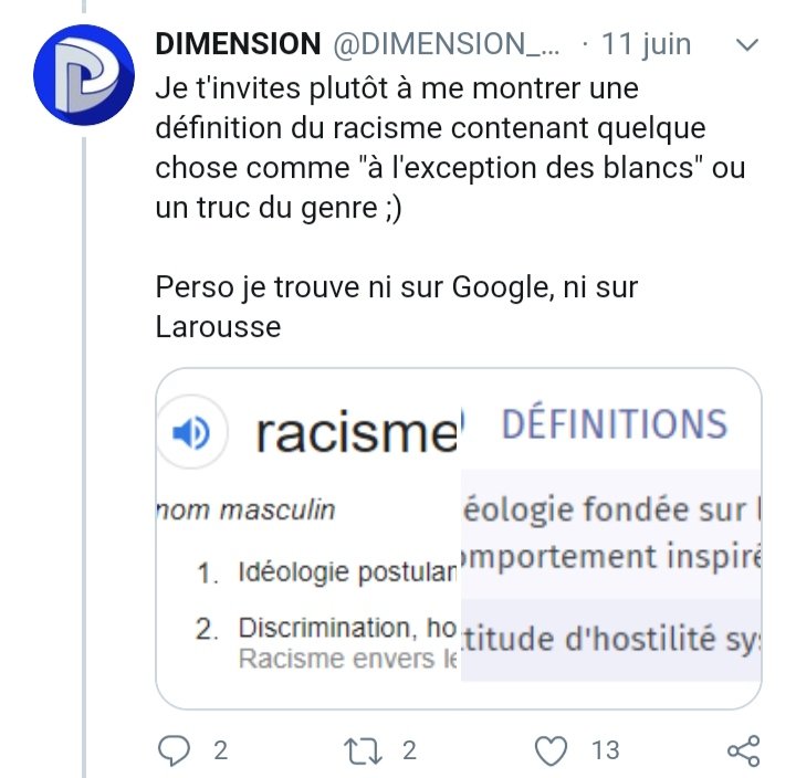 Tout comme quelqu'un qui croit au racisme anti-blanc prendra une définition simplifiée du racisme pour que sa logique fonctionne avec ce qu'il veut entendre.Ignorant les études sociologiques car ça ne l'arrange pas. Le discours devenant ainsi réactionnaire.