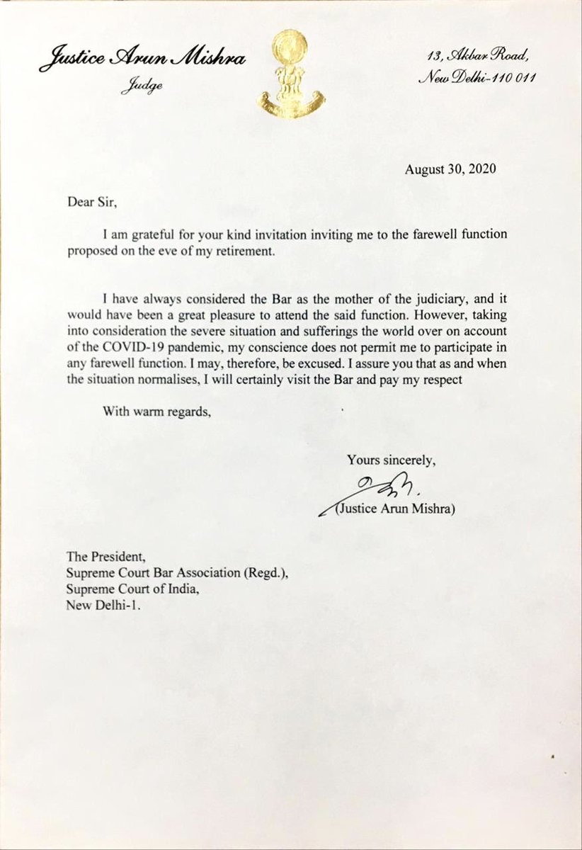 LicypriyaK's tweet image. This is the same judge👨‍⚖️of Supreme Court who ruled against the millions of students to appear exams in COVID. 

Justice Arun Mishra has turned down his own farewell function due to covid pandemic &amp;amp; he asked students to go and appear exams in peak COVID19 pandemic.

GAME OVER.