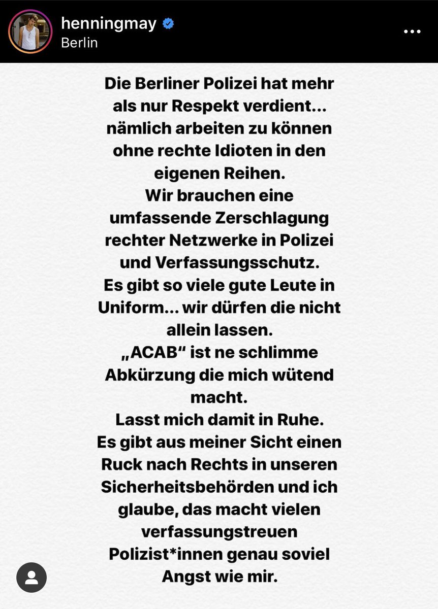 Es ist so bigott unsere Polizisten alle zu pauschalieren &amp; zum Feindbild zu erklären! Kann mir mal einer erklären, warum sich alle über diesen Zeilen von  #HenningMay aufregen?Wollt Ihr 👮‍♀️ in 🇩🇪 allen Ernstes absprechen,dass sie nicht überwiegend Verfassungstreu sind? #b2908