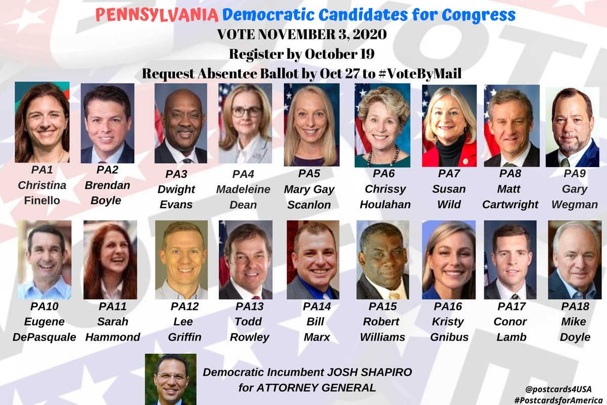 PENNSYLVANIA Democratic Candidates #PA1  #PA2  #PA3  #PA4  #PA5  #PA6  #PA7  #PA8  #PA9  #PA10  #PA11  #PA12  #PA13  #PA14  #PA15  #PA16  #PA17  #PA18Postcards & LinksTHREAD  https://twitter.com/postcards4USA/status/1269047715251597312FB  https://www.facebook.com/postcards4USA/posts/2985099464937579GoogleDoc  https://pc2a.info/DemCandidatesPA THREAD http://postcardsforAmerica.com 