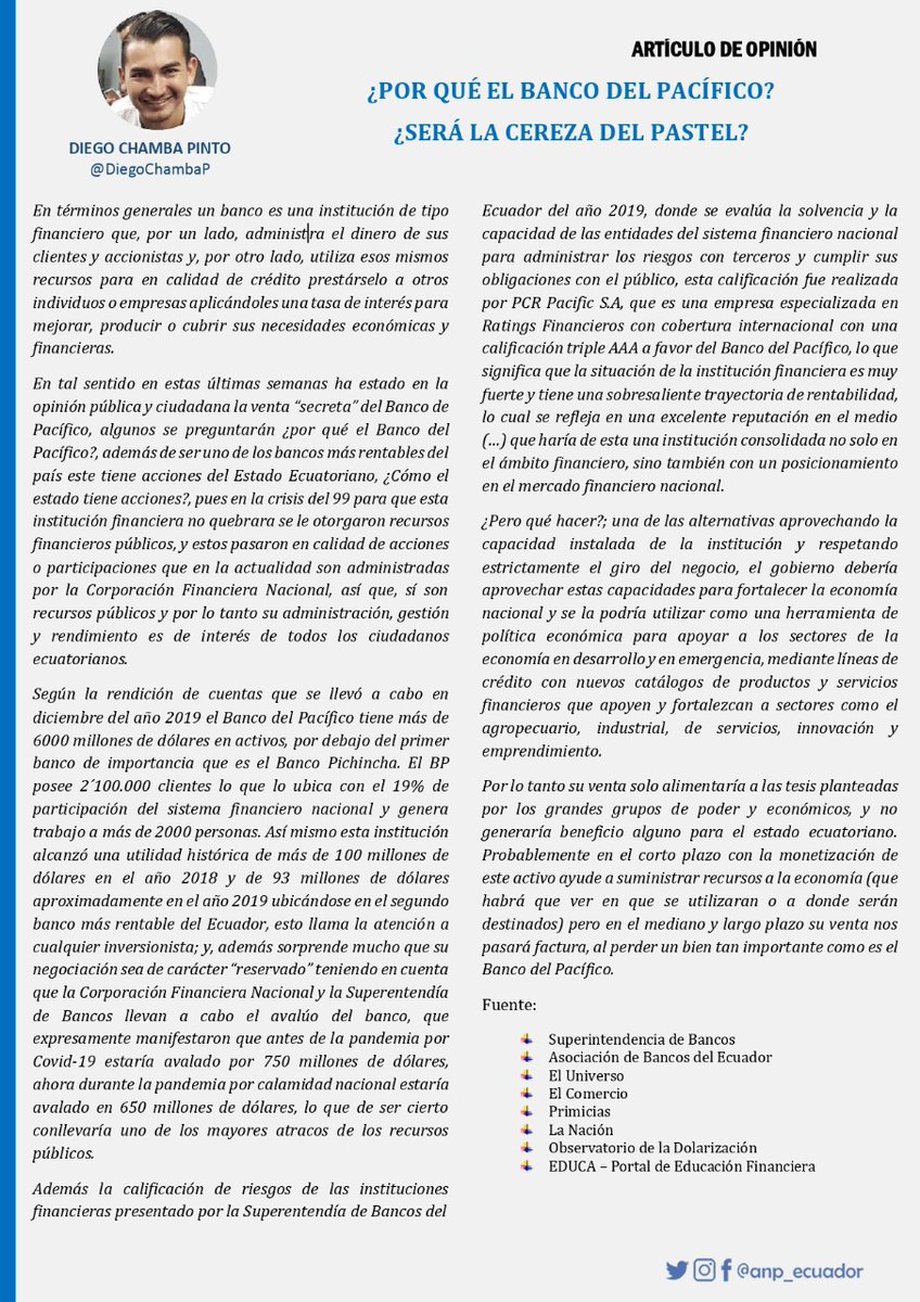 ANP_Ecuador's tweet photo. Artículo de opinión 📄.

¿ Por qué el Banco del Pacífico?
¿ Será la cereza del pastel?

Te invitamos a leer este artículo elaborado por @DiegoChambaP integrante de nuestra organización. ⤵️ https://t.co/XhUxXEffLn