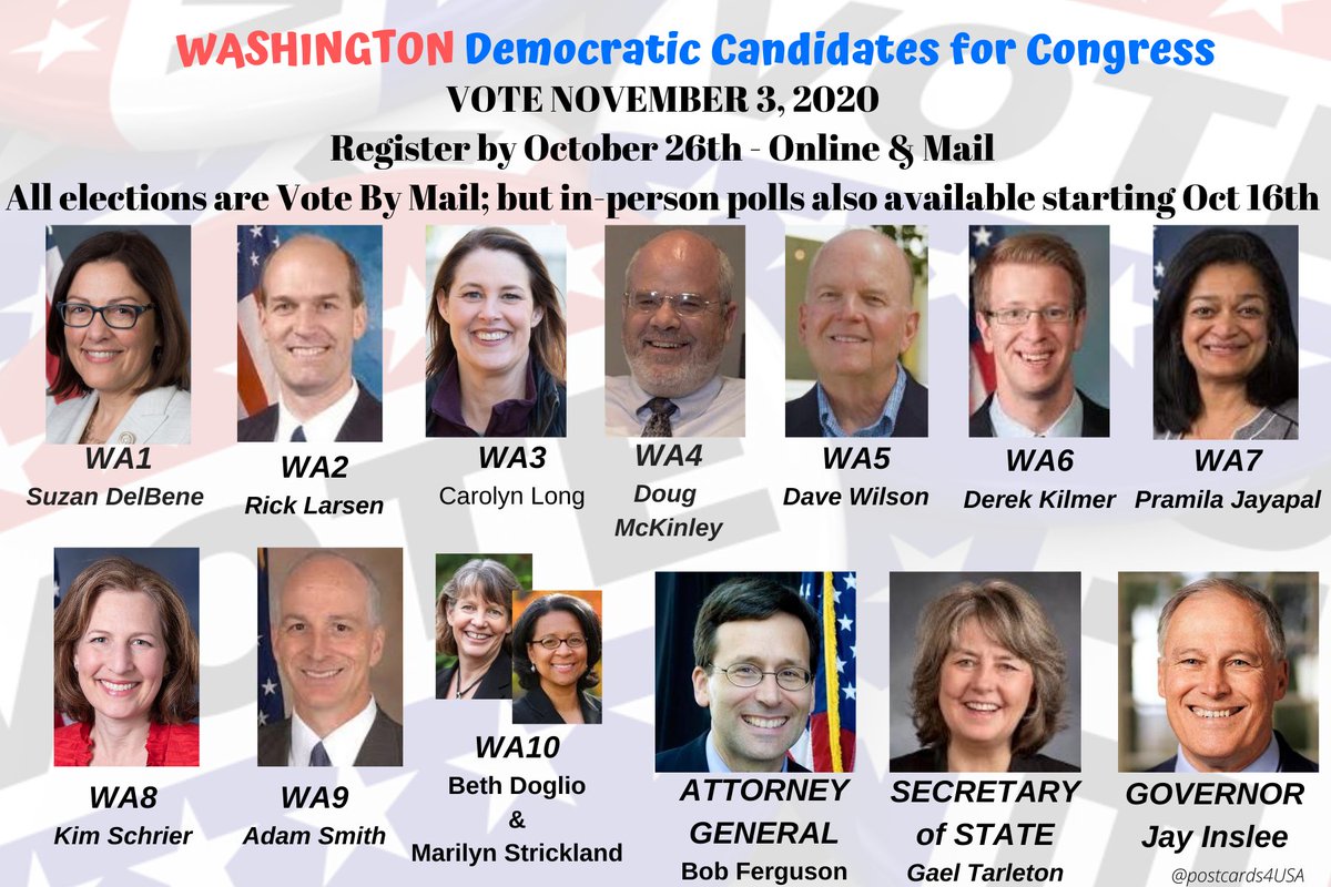 WASHINGTON Democratic Candidates  #WA1  #WA2  #WA3  #WA4  #WA5  #WA6  #WA7  #WA8  #WA9  #WA10 & GOVERNOR & AG & SoSPostcards & links to Follow & SupportTwitter THREAD:  https://twitter.com/postcards4USA/status/1292898680928903168Shareable FB Post Link:  https://www.facebook.com/postcards4USA/posts/3168446296602894GoogleDoc:  https://pc2a.info/DemCandidatesWA  #PostcardsforAmerica