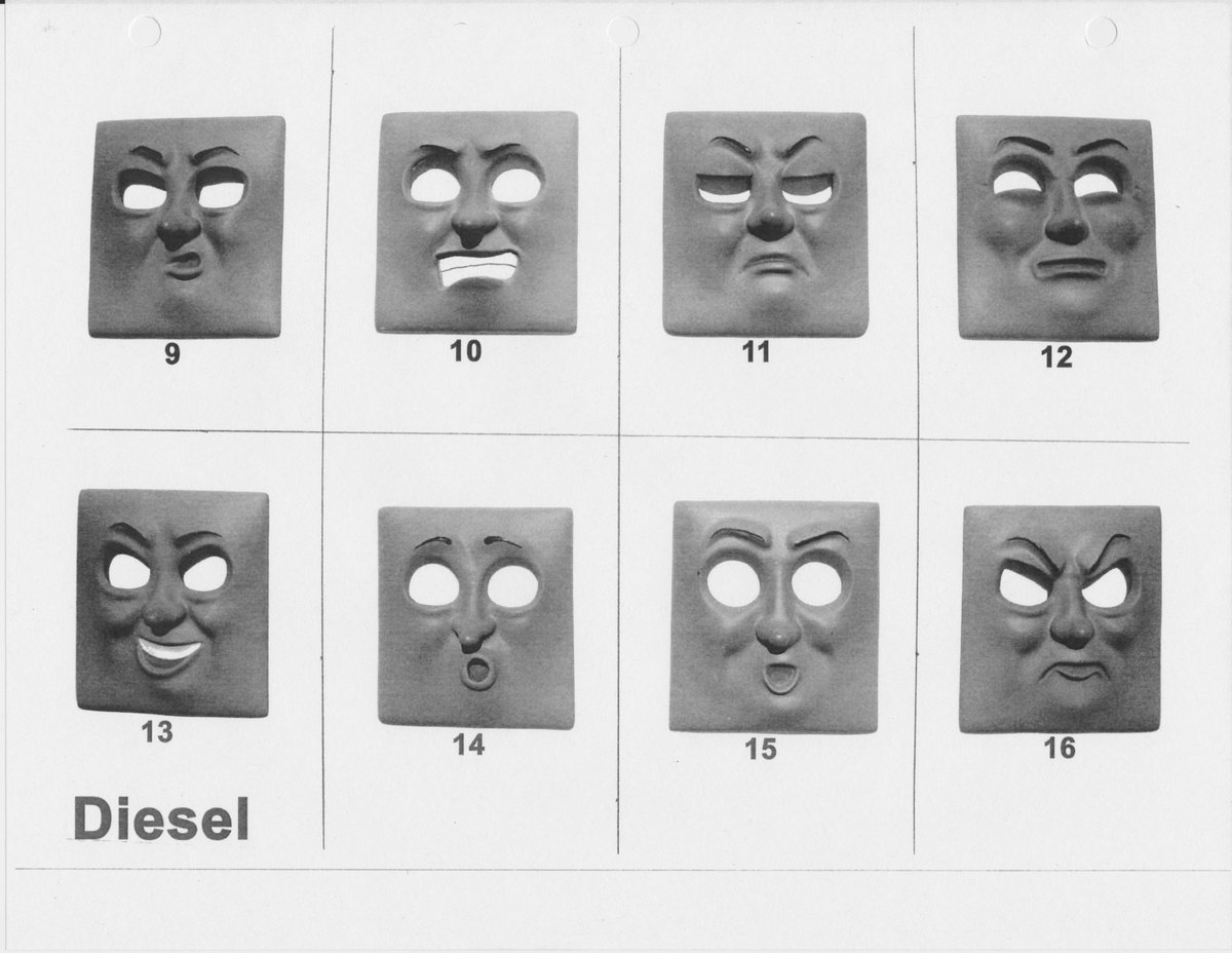 TomsProps's tweet photo. Pages for Diesel, Splatter and Dodge from the Series 12 face reference book. Bar eyebrows, it appears Splodge's faces are both identical. https://t.co/Mgy8LVL6rZ