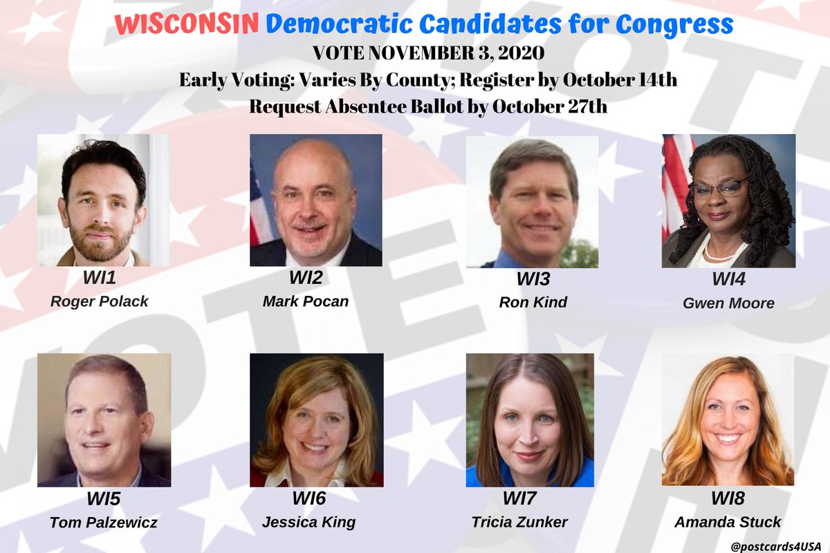 WISCONSIN Democratic Candidates #WI1  #WI2  #WI3  #WI4  #WI5  #WI6  #WI7  #WI8 #Congress2020  #DemCastWIPostcards & Links for Each candidate to Follow & Support!THREAD with Individual tweets & links for EACH Candidate HERE:  https://twitter.com/postcards4USA/status/1298072499507335168FB link:  https://www.facebook.com/postcards4USA/posts/3212899275490929