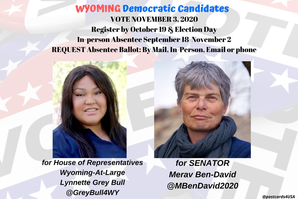 WYOMING Democratic Candidates HOUSE & SENATE Postcards & LinksFollow & Support  #Congress2020  #Senate2020 #HoldTheHouse  #FlipTheSenate Merav Ben-David @MBenDavid2020 Lynnette Grey Bull @GreyBull4WY THREADAll Dem Candidates here:  https://www.postcardsforamerica.com/all-democratic-candidates-by-state.html #PostcardsforAmerica