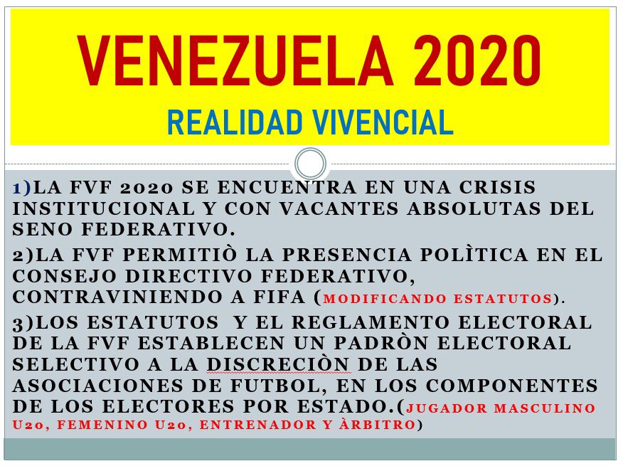 Slide 11) The FVF is in an institutional crisis with no president2) The FVF has allowed a political presence in the FVF, which is against FIFA's rules, by amending the statutes.3) FVF statutes establish a rep in each state's association at the state's discretion. 3/10  #futve