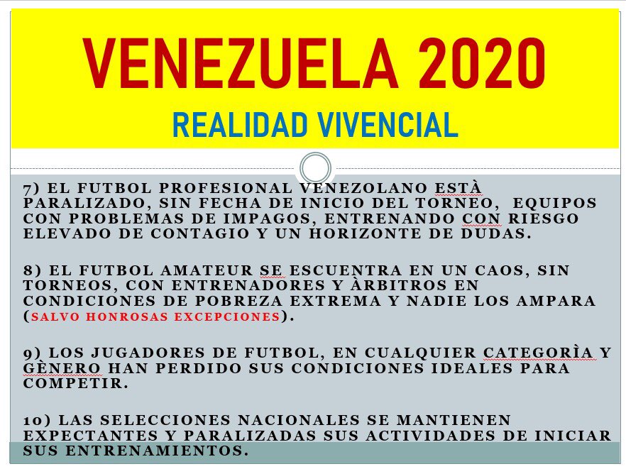 7) Venezuelan football is paralysed: no return date, teams in debt to players, & training despite risk of  #COVID8) Amateur game is in chaos: no tournaments, coaches & referees in extreme poverty9) The ideal conditions to play have disappeared for all10) Including the NTs 5/10