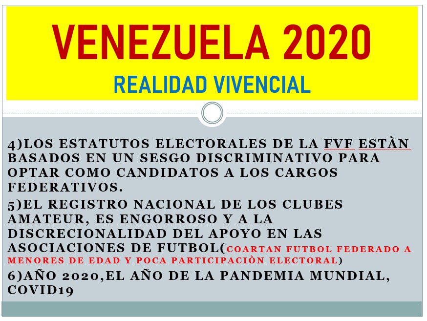 Slide 24) The FVF electoral statutes are based on a discriminatory bias in the eligibility of candidates for federal office. 5) The national registration of amateur clubs is cumbersome & restrictive to youth participation & elections. 6) 2020 has been marred by  #COVID19 4/10