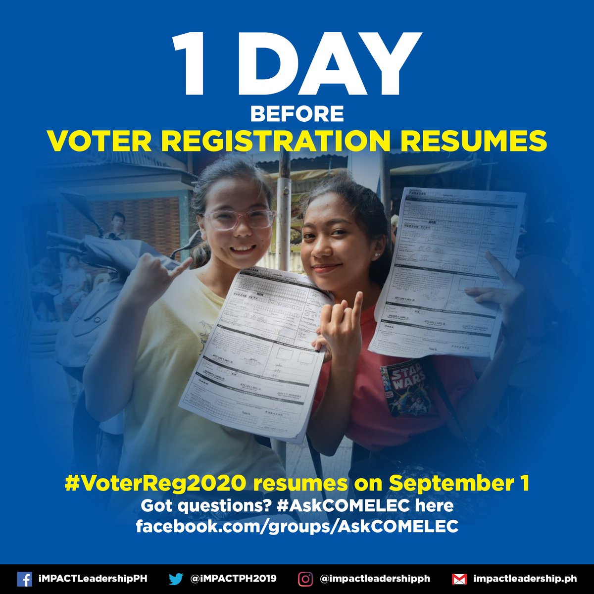 iMPACTPH2019's tweet photo. 1 DAY BEFORE VOTER REGISTRATION RESUMES
#VoterReg2020 resumes on September 1! 🇵🇭
Got questions? 🤔 #AskCOMELEC here:
https://t.co/tKNt3MGXvo https://t.co/yIdwGUZprz