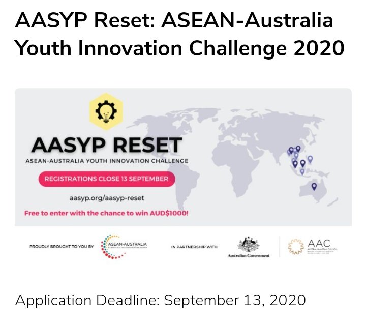 AASYP Reset: ASEAN-Australia Youth Innovation Challenge 2020

#vantageopportunities

Read more: vantagenetworkafrica.org/aasyp-reset-as…