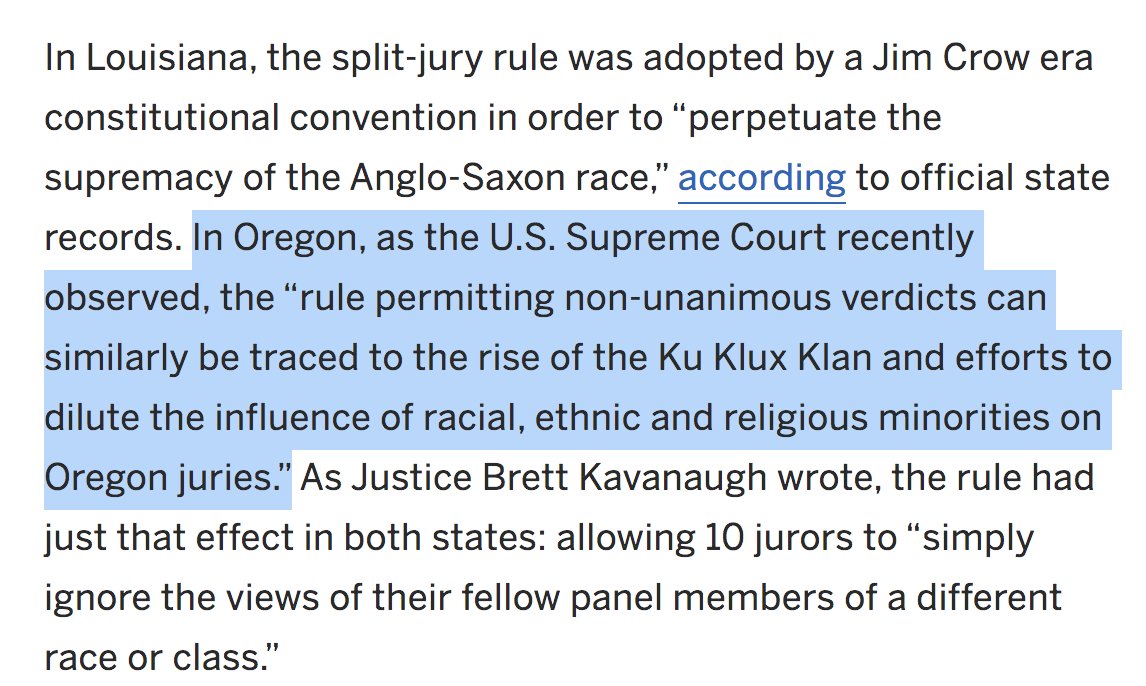 4. When Calvin and his team won in the Supreme Court this year, the justices described the nonunanimous jury rule –unique to Oregon & Louisiana – as grounded in racism and bigotry. In Oregon, the Court said, nonunanimous juries could be “traced to the rise of the Ku Klux Klan.”