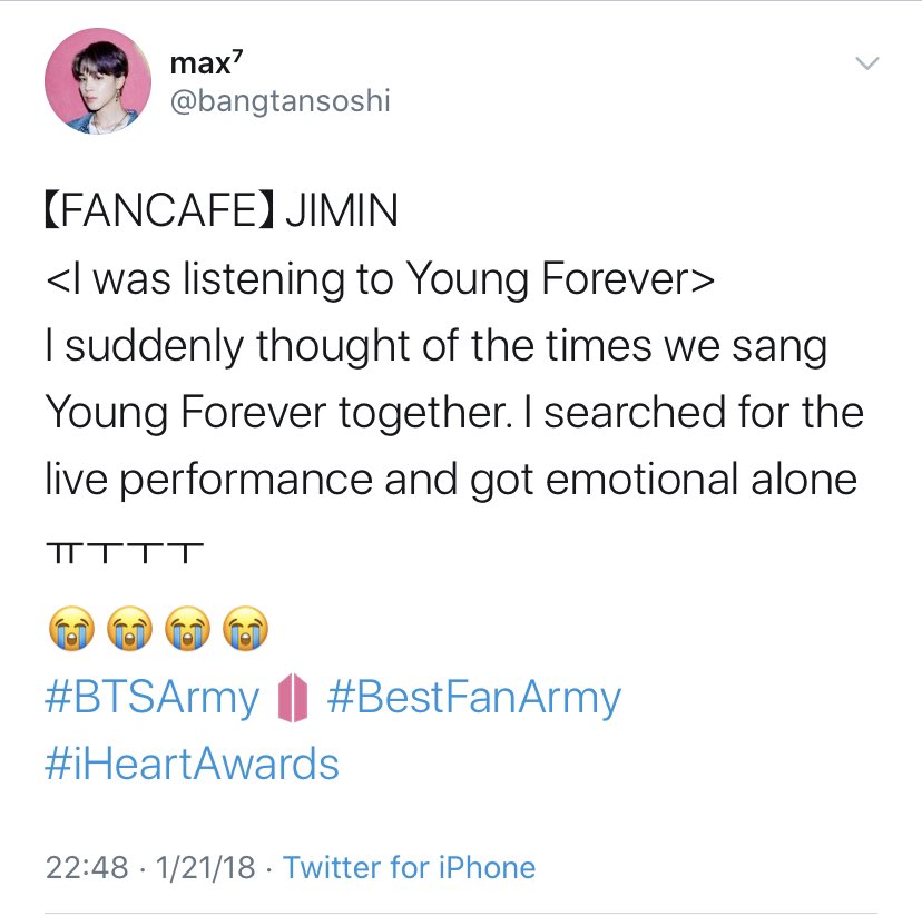 Jimin has always been really open about how much he loves Young Forever and what it means to him. In January 2018 he even posted that he got emotional remembering ARMY while listening to Young Forever alone 