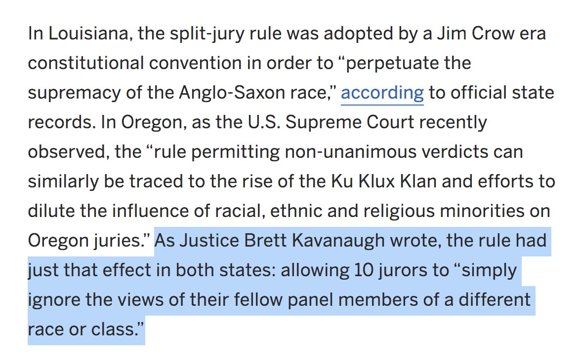5. And, according to the Supreme Court, it wasn’t merely that nonunanimous juries were monuments to past racism. The justices also said that the *present day effect* of nonunanimous juries was racist – because nonunanimous juries dilute the voices of racial minorities on juries.