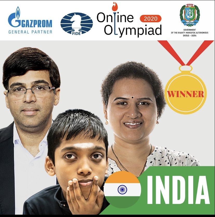 🇷🇺 Russia and India 🇮🇳 are co-champions of the first-ever FIDE Online

India 🇮🇳 winning first every Gold medal in #ChessOlympiad ... congratulations team India and co winner Russia. 
Well played 👏👏

#chess #IndianChess