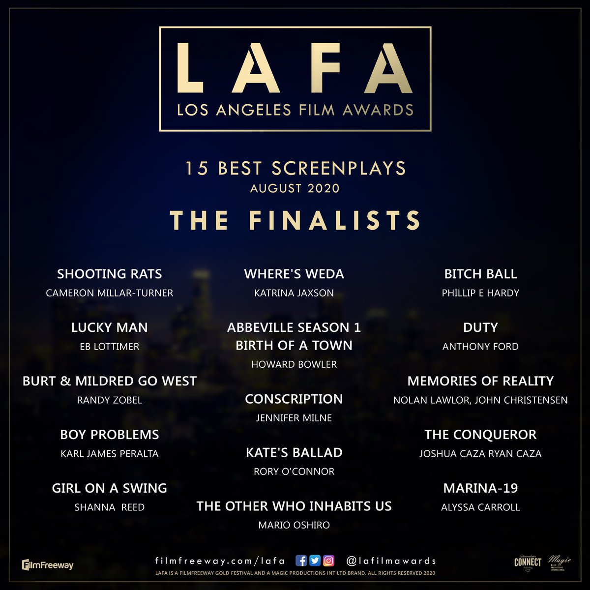 LAFA Screenplay Finalists! filmfreeway.com/lafa #losangelesfilmawards #lafa #lafa20 #lafilmawards #filmfestival #filmfreeway #imdb #magicint #filmcon #filmmakersconnect #15bestscreenplays #bestscreenplay