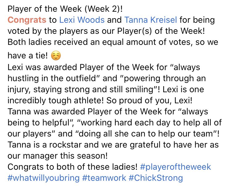 ChristyLReeves's tweet image. Player of the Week - Week 2!
Congrats to Lexi and Tanna for being voted on as our Player(s) of the Week!! 💜🥎💛 #playeroftheweek #ChickStrong #whatwillyoubring #teamwork